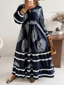 Ceyna 大码V领长袖休闲度假梭织连衣裙，春夏款 - 藏蓝色 - 查看 4