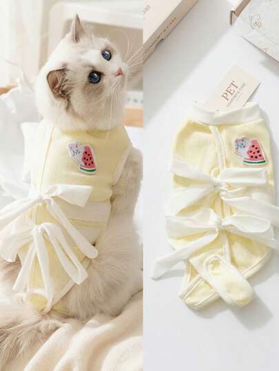 PETSIN White Spring/Summer Casual Rabbit & Watermelon Print Breathable Comfortable Veterinary Wrap Surgical Suit, 100% Cotton Absorbent Nursing Garment For Spaying, Lactation And Pet Special Clothing