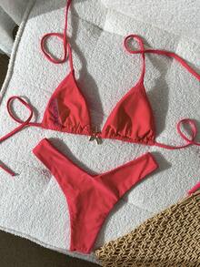Swim Mod 女士纯色细肩带金属装饰性感比基尼套装，夏季 - 紅色 - 查看 2