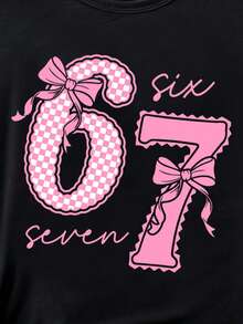 SHEIN T-shirt court décontracté de base pour filles préadolescentes, avec imprimé graphique de numéro 67, nœud en dentelle et slogan. Confortable pour le port quotidien, styles cosy pour l'été et l'automne, convient pour le printemps, l'été et l'automne - Noir - Voir 5