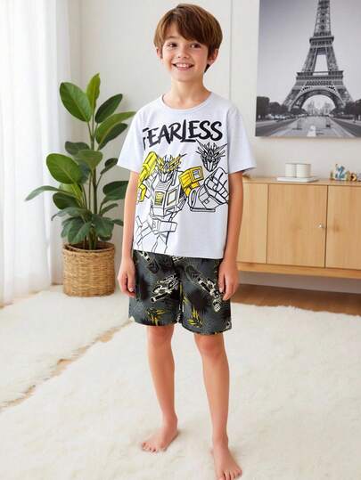 男童休闲机器人图案印花短袖T恤和短裤睡衣套装（2件套）