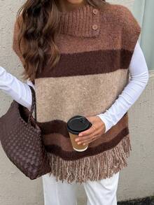 Vivie Lora 女士时尚条纹流苏毛衣，秋冬款 - 卡其色 - 查看 2
