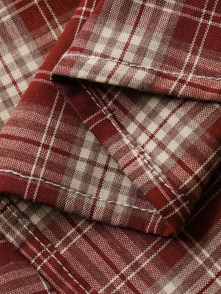 Plus Size Women's Plaid Lapel Loose Fit Red Long Sleeve Blouse, Spring/Summer