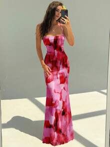 Aloruh 女士优雅度假粉色笔触涂鸦印花露背系带连衣裙，粉色春季连衣裙，情人节连衣裙，度假连衣裙 - 彩色 - 查看 8