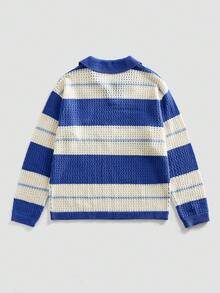 ROMWE MEN Retro American Street Style Blue & White Striped Hollow-Out Knit Polo Shirt, 2NY3 Letter Casual Loose Pullover - Blue - View 3