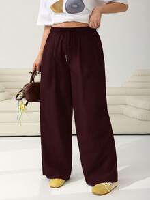 Solflare Wine Red Plus Size Women's Drawstring Waist Wide Leg Loose Pants, Autumn/Winter/Spring - Burgundy - View 5