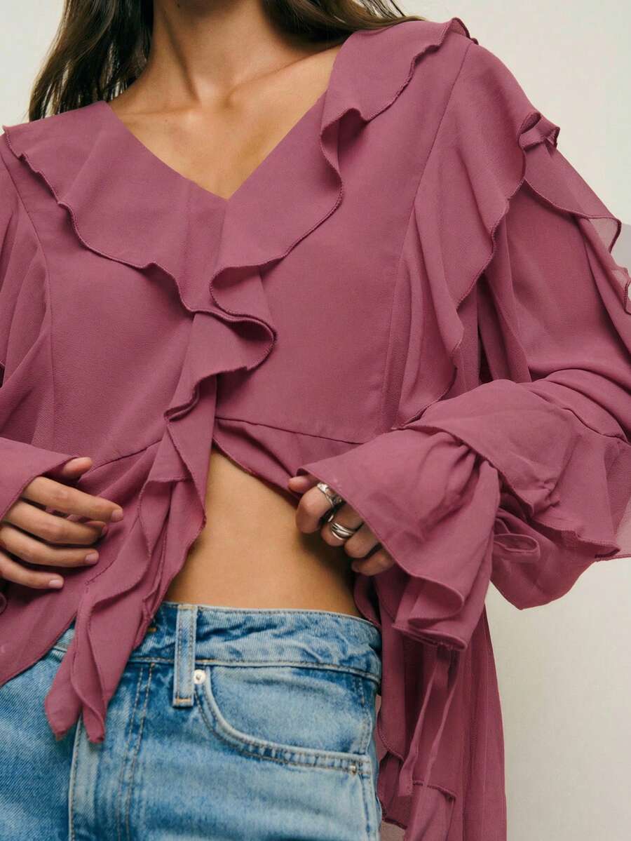 Nöista Elegant Dusty Mauve Chiffon Long-Sleeved Ruffled Top,Autumn Dinner Date Top For Parties And ,Layered Or Worn Alone - Dusty Pink - View 1