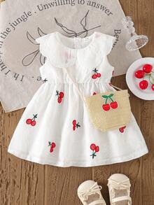 SHEIN Vintaside Kids Baby Girl Cherry Embroidered Sweet Princess Dress + Matching Cherry Accessory Bag, Sleeveless, Comfortable, Fashionable Outfit For Daily Wear - White - View 5