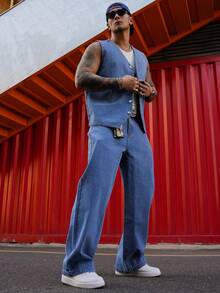 DAZY Men's Solid Blue Washed Denim Top & Pants Suit, Spring/Summer - Blue - View 7