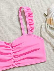 SHEIN Young Girl Mermaid Scale Print Ruffle Trim Bikini With Beach Skirt - Hot Pink - View 6