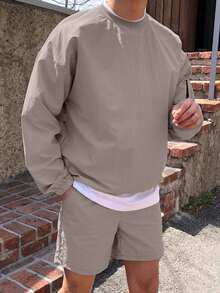 DAZY Men's Solid Gray Woven Long Sleeve Pullover Sweatshirt And Shorts Set, Spring/Summer - Grey - View 5