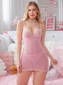 SHEIN 2pcs Mesh Contrast Lace Lingerie Set With Underwire For Women - Pink - View 6