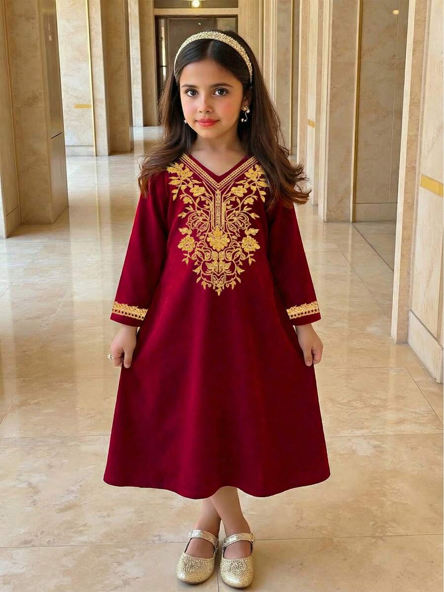 Đầm ren in họa tiết màu đỏ tía cổ điển thanh lịch dành cho bé gái, thích hợp cho mùa xuân/hè và các dịp lễ hội. - Nhiều màu - Xem 1