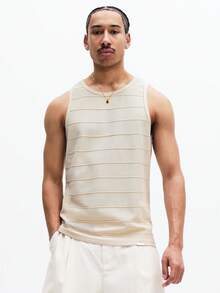 SUMWON Men's Ribbed Knit Tank Top With Horizontal Stripe Pattern And Crew Neck For Summer Casual Wear - Apricot - View 1