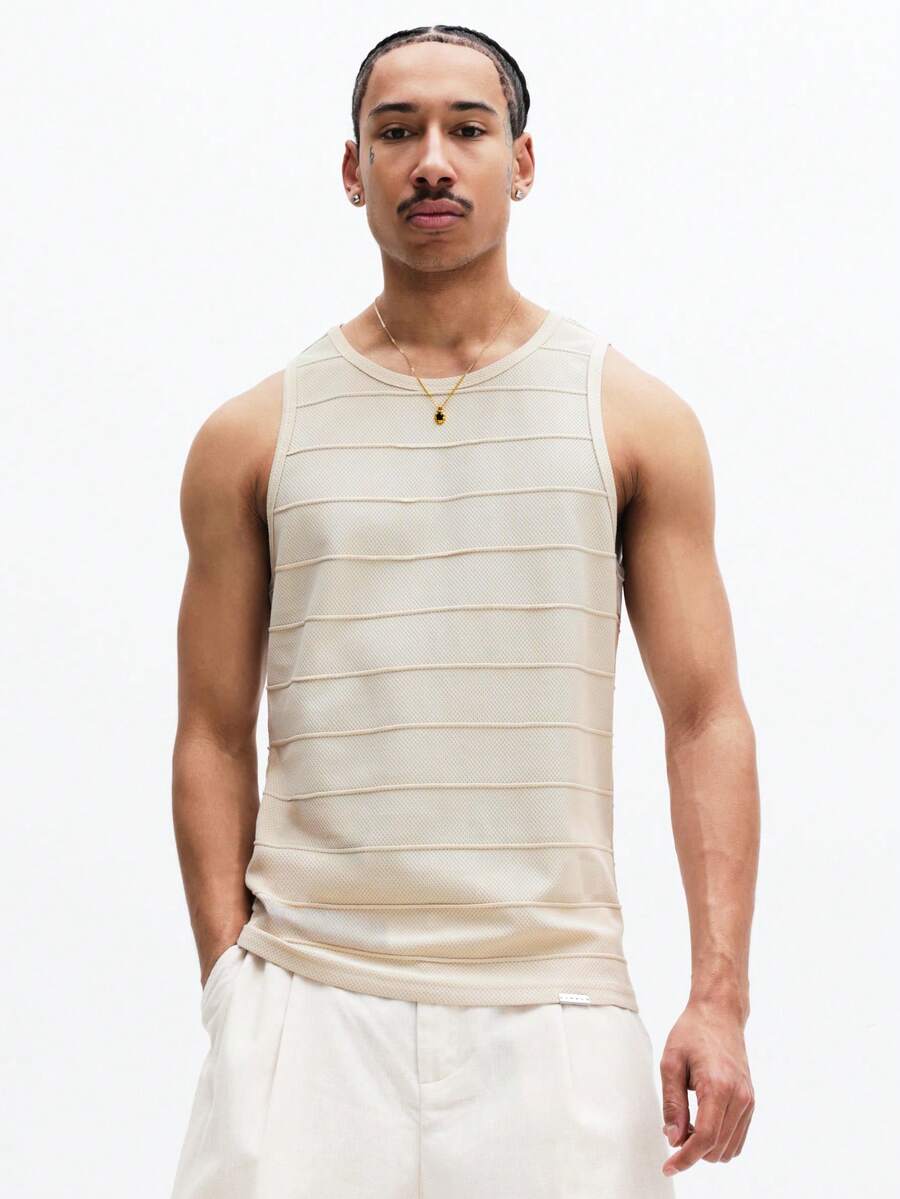 SUMWON Men's Ribbed Knit Tank Top With Horizontal Stripe Pattern And Crew Neck For Summer Casual Wear - Apricot - View 1