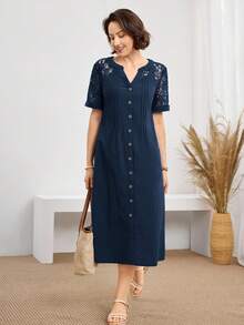 Miaspire Women's Casual V-Neck Lace Patchwork Mid-Length Dress - Navy Blue - View 6
