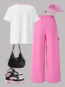 SHEIN ChillGRL Tween Girls' Casual Letter Striped V-Neck Off Shoulder Loose T-Shirt & Numeric Graphic Tee With Chic Utility Straight Leg Pocket Pants 2-Piece Set, Fashionable Spring/Summer/Autumn - Pink - View 2