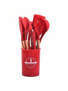 12Pcs/Set Wood Handle Non-Stick Silicone Kitchen Cooking Utensil Set, Heat Resistant Silicone Cookware With Storage Bucket - Multicolor - View 10