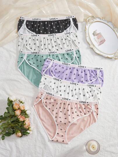 6pcs Plus Size Women's Cute Dog Paw Print & Letter Decor Panty Set