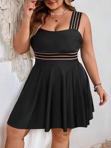 SHEIN CURVE+ 夏季沙滩大码单色泳装套装，沙滩度假风泳衣，大码女装，女士纯色泳衣，沙滩度假泳装，夏季，女士度假装，女士沙滩装，女士两件套，泳装 - 黑色 - 查看 4