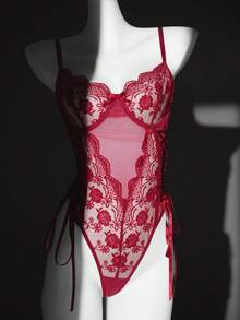 SHEIN 情人节女士酒红色花卉刺绣薄纱性感钢圈文胸连体裤侧系带内衣套装 - 酒紅色 - 查看 6