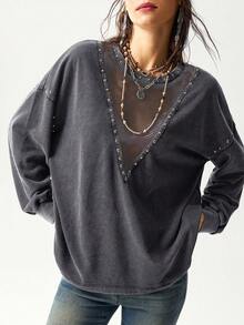 Bohemela Áo sweatshirt nữ dáng rộng, cổ tròn, màu trơn, chất liệu dệt kim, đã qua xử lý giặt, thích hợp mặc thường ngày. - Xám - Xem 4