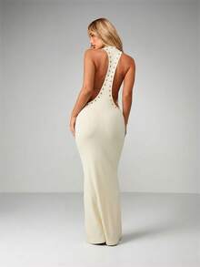 MISSGUIDED Sleeveless Scoop Neck Maxi Dress With Eyelet Studded Details Racerback Evening Formal Bodycon Floor Length Gown - Cream - View 2