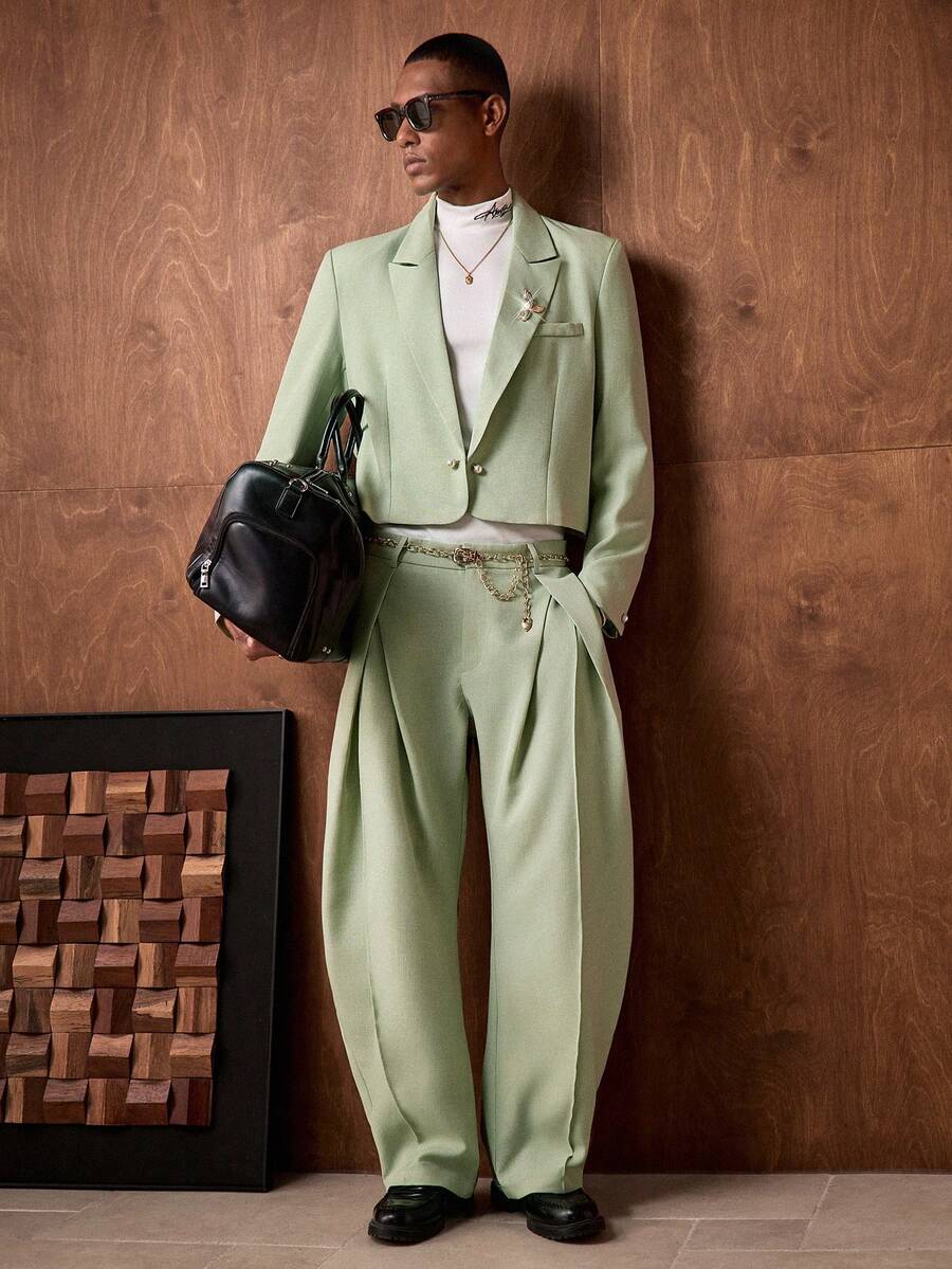 AKNOTIC Business Casual 男士休闲宽松梭织长袖外套和直筒裤两件套 - 薄荷綠 - 查看 1