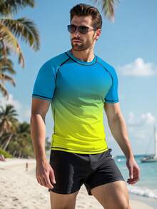 Manfinity Swimmode Men's Summer Vacation Raglan Sleeve Rash Guard - Teal Blue - View 3