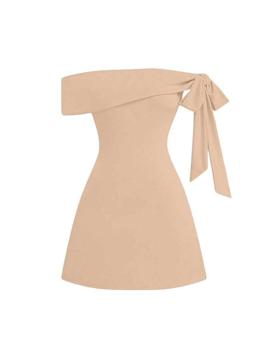 Sweetra Red Sexy Off-Shoulder Elegant Dress With Design Details, Suitable For Spring And Autumn - Apricot - View 1