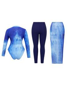 Swim Mulvari 3pcs Women's Tie-Dye High Neck Long Sleeve Zipper One-Piece Swimsuit With Pants, Shell Net Mesh Skirt, Middle East Beach Cruise Vacation Swimwear, Sun Protection Casual Beach - Blue - View 8