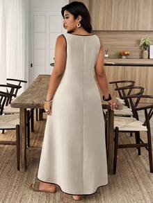 Weeklong Vestido largo de lino y algodón color albaricoque - Sin mangas, cuello en V con ribete negro y grandes detalles de botones, corte evasé talla grande para vacaciones/casual/oficina/fiesta (primavera y verano) - Albaricoque - Ver 2