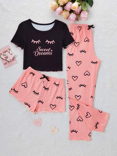 1 Set Sweet Dream Style Tween Girl Pajama, Top With Eyelash & "Sweet Dreams" Print, Bottom With Orange-Pink Base & Black Heart Eyelash Decor Shorts/Pants, Black & Pink Color Blocking, Smooth Shiny Fabric, Soft & Comfortable, Fitted Silhouette, Suitable For Loungewear, Sleepwear, Showcasing Sweet & Cute Girl Vibe (1 Set Sold Separately)