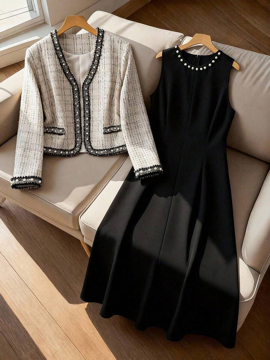 GlowEve CURVE 2pcs Plus Size Women Elegant Black Contrast Pearl Beaded Trim V-Neck Long Sleeve Cardigan Jacket And Round Neck Pearl Embellished Maxi Dress Set, Suitable For Autumn/Winter Casual, Commute, Party - Light Grey - View 1