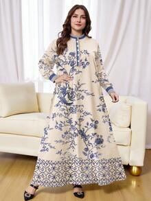 SHEIN Najma 大码女式复古花卉菱形格纹数码印花优雅长袖纽扣领连衣裙，春秋季 - 彩色 - 查看 4