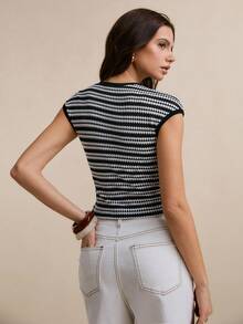 Poéselle Women's Striped Round Neck Cap Sleeve Cropped Casual T-Shirt - Black and White - View 4