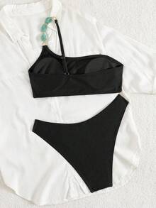 Swim Chiccia 女士夏季沙滩音乐节棕色亮面面料串珠单肩优雅比基尼套装 - 黑色 - 查看 6