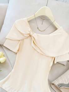GlowEve Apricot Bowknot Twist Waist Fitted Knit T-Shirt - Apricot - View 4
