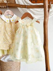 SHEIN Vintaside Kids 女婴无袖刺绣花卉连衣裙，甜美风格，优雅公主造型，适合节日和聚会 - 金色 - 查看 3