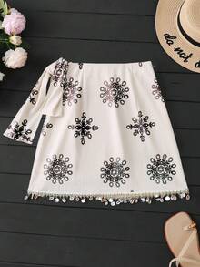 Breezaya Jupe mini asymétrique imprimée avec coquillages, pompons et patchwork, style décontracté pour plage et vacances d'été, pour femmes - Nude - Voir 2
