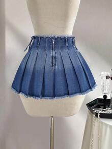 Elamini Chân váy denim xếp ly dáng chữ A, gấu váy tua rua, phong cách thường ngày dành cho nữ. - Rửa trung bình - Xem 2