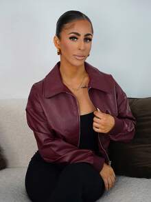 SAYEHFBABY 女士秋季街头服饰外出约会夜办公室装复古红色皮革短夹克外套 - 酒紅色 - 查看 5