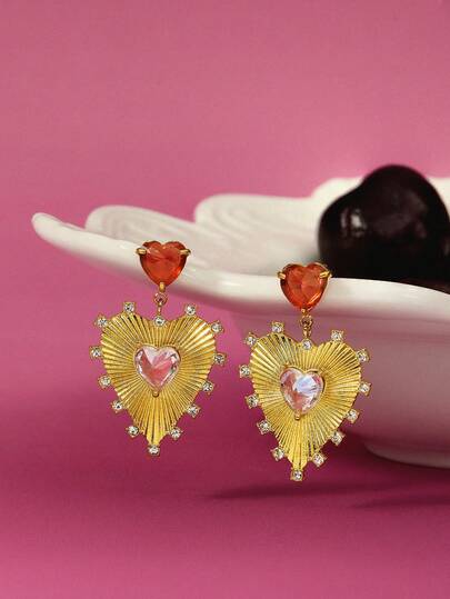 Glisma Moderiktiga eleganta retro överdrivna kristallhjärtörhängen, outfits, gamla pengar, metallisk/textur, ädelsten, för mamma/kvinna/flicka/mamma, premium, vintage, elegant, hjärta, alla hjärtans dag, present