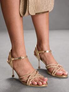 CUCCOO SZL Women's Fashion High Heel Sandals, Fashionable Rhinestone Embellished High Heel Sandals - Champagne - View 5