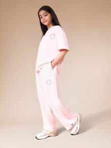 SUMWON Bear Graphic Short Sleeve T-Shirt And Wide Leg Pants Set With Motivational Text Print Casual Co-Ord - Baby Pink - View 2