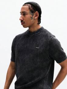 SUMWON Suéter de cuello redondo de manga corta de punto con efecto lavado y ajuste boxy para hombre - Negro - Ver 4