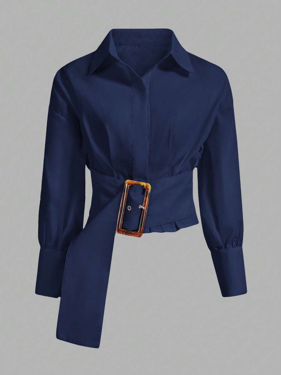 Aveloria Modichic Camisa de oficina casual de manga larga para mujer con diseño de hebilla en la cintura, para primavera y verano - Azul Marino - Ver 1