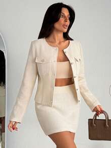 EURMUSE Women's Tweed Two Pieces Set – Button Front Crop Jacket And High Waist Mini Skirt, Chic Casual Co-Ord Outfit - White - View 3