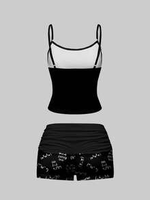 ROMWE Cute & Kawaii Emoticon Print Lace Camisole & Ruched Shorts Pajama Set, Casual Loungewear - Black - View 2