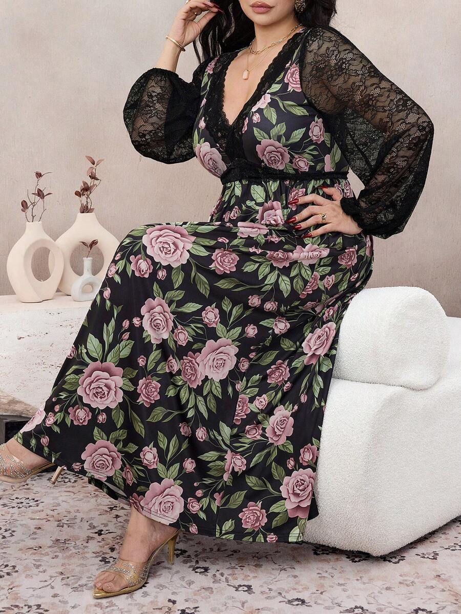 Modelyn 大码女式优雅V领蕾丝拼接印花修身长款休闲连衣裙，春夏款 - 彩色 - 查看 1